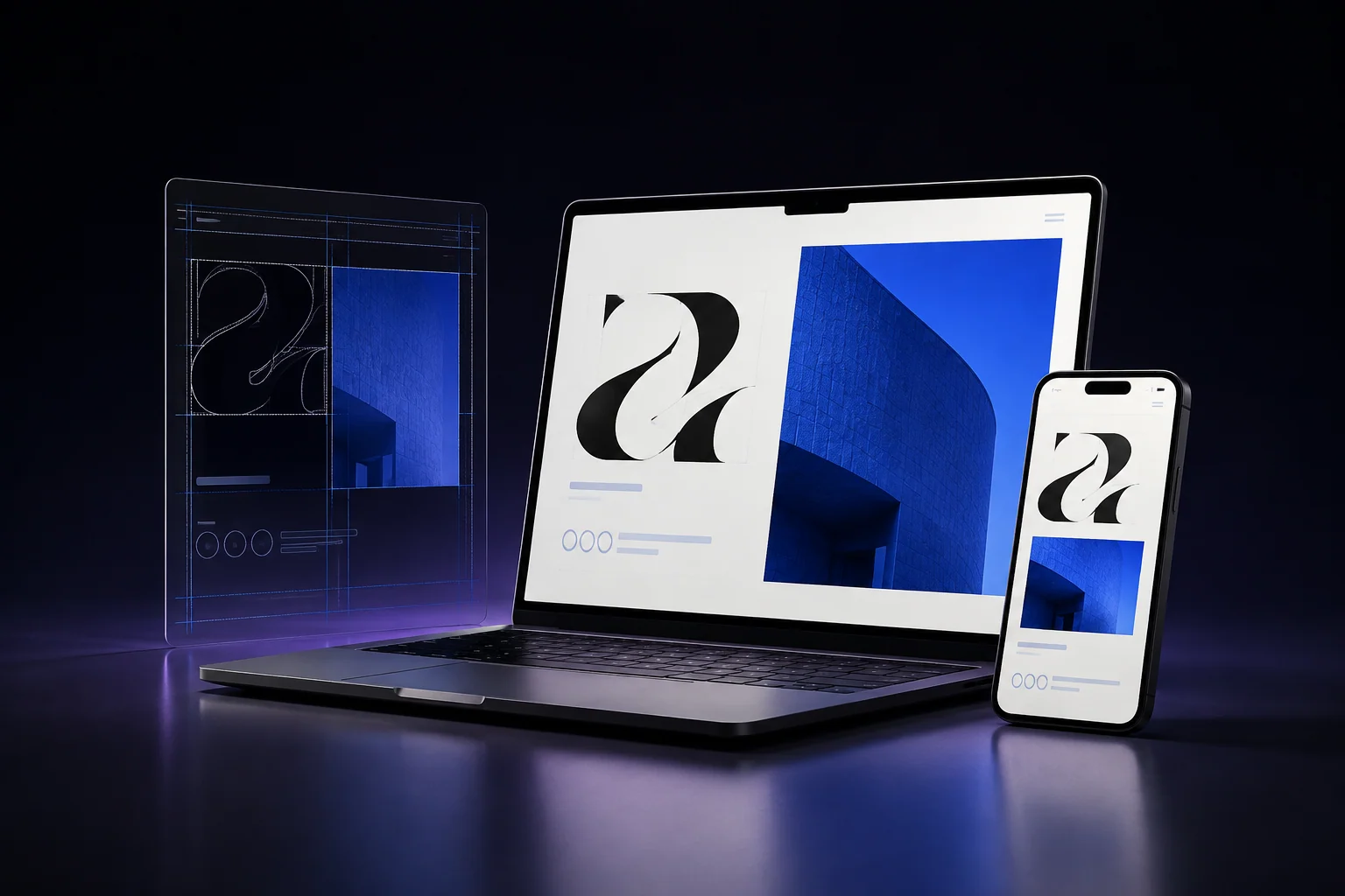 A laptop and phone displaying a responsive website beside a design frame