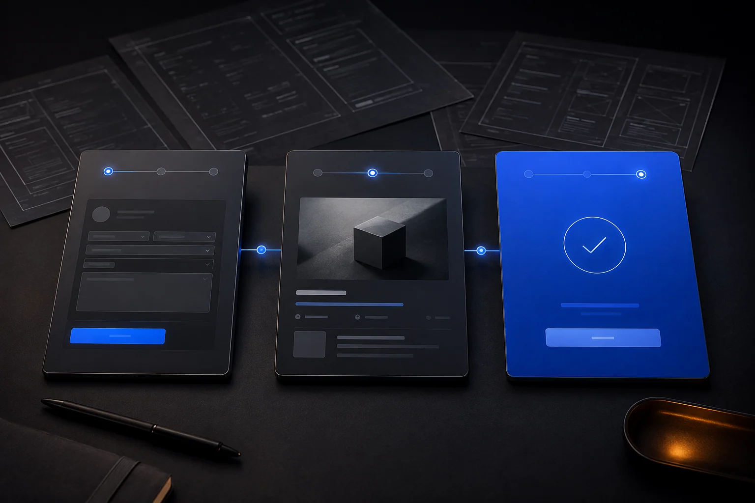 Three connected product panels showing a request, review, and completed outcome