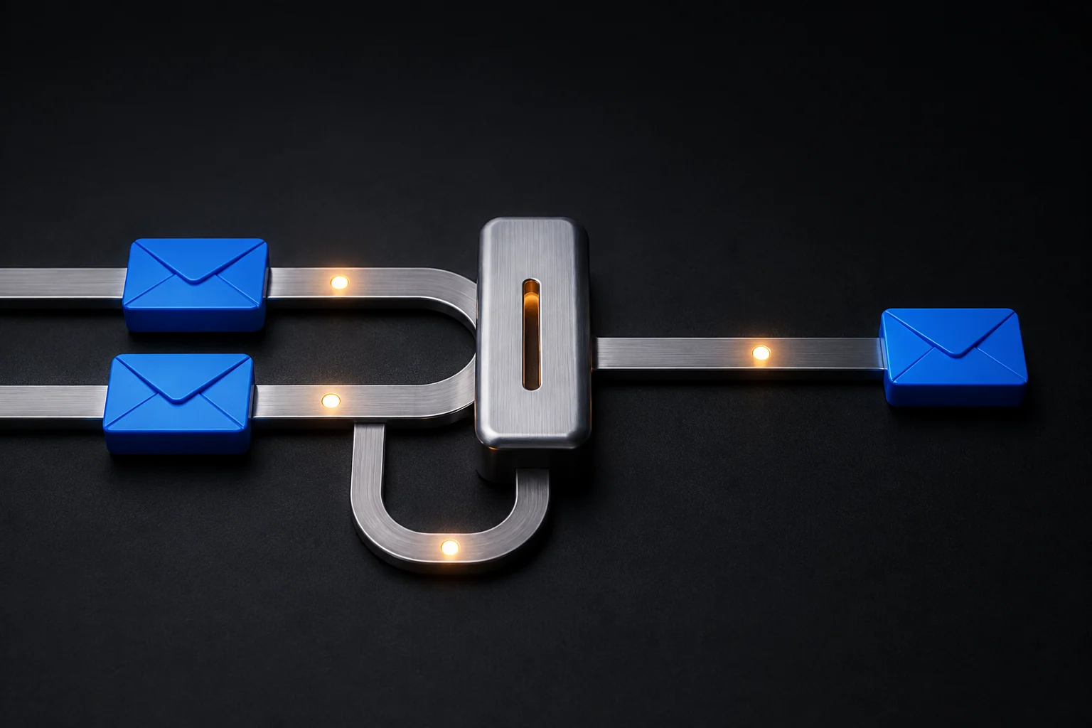 Two message tiles passing through an orderly processing track with a retry loop
