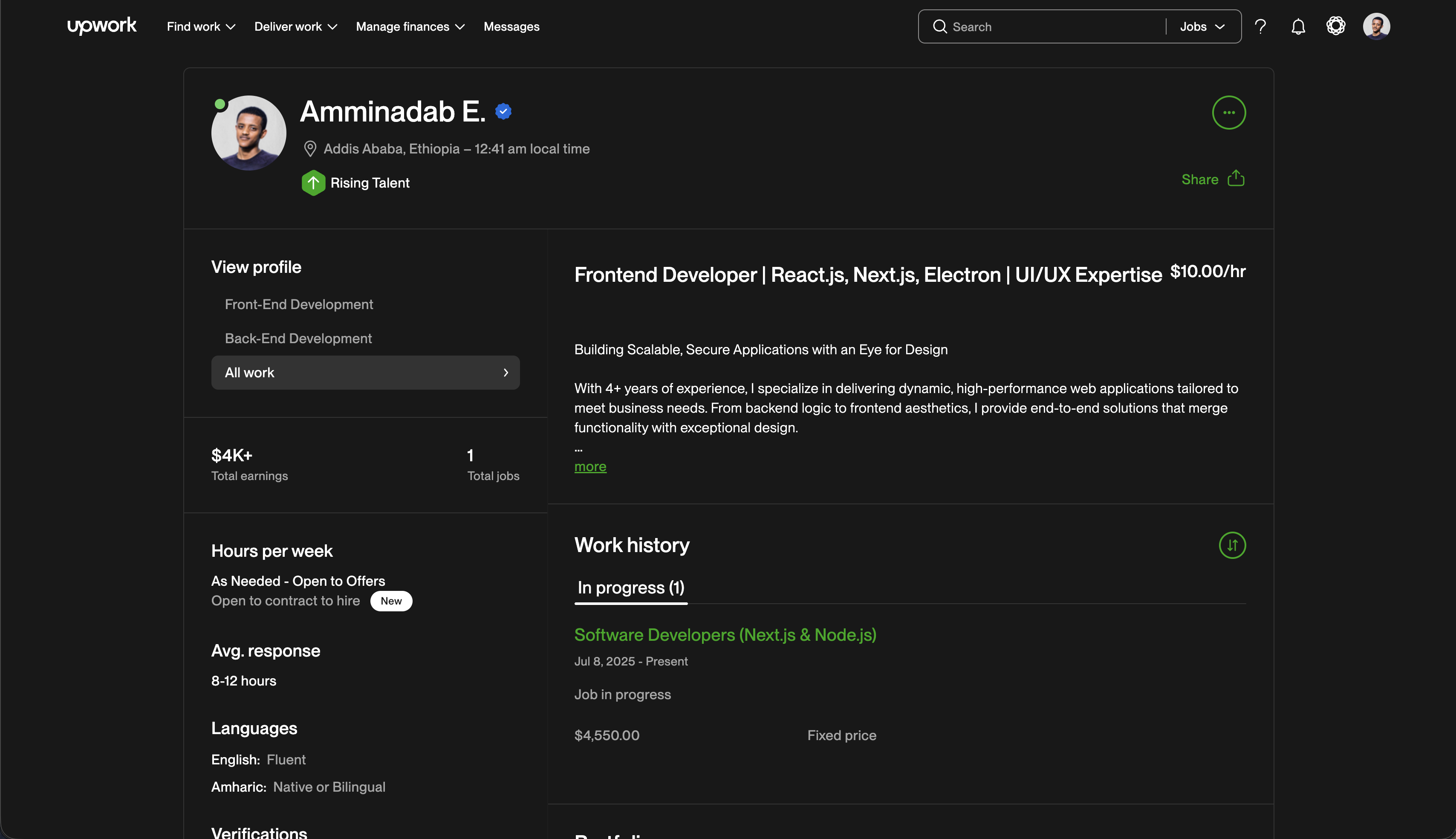 Upwork profile screenshot (dark mode)