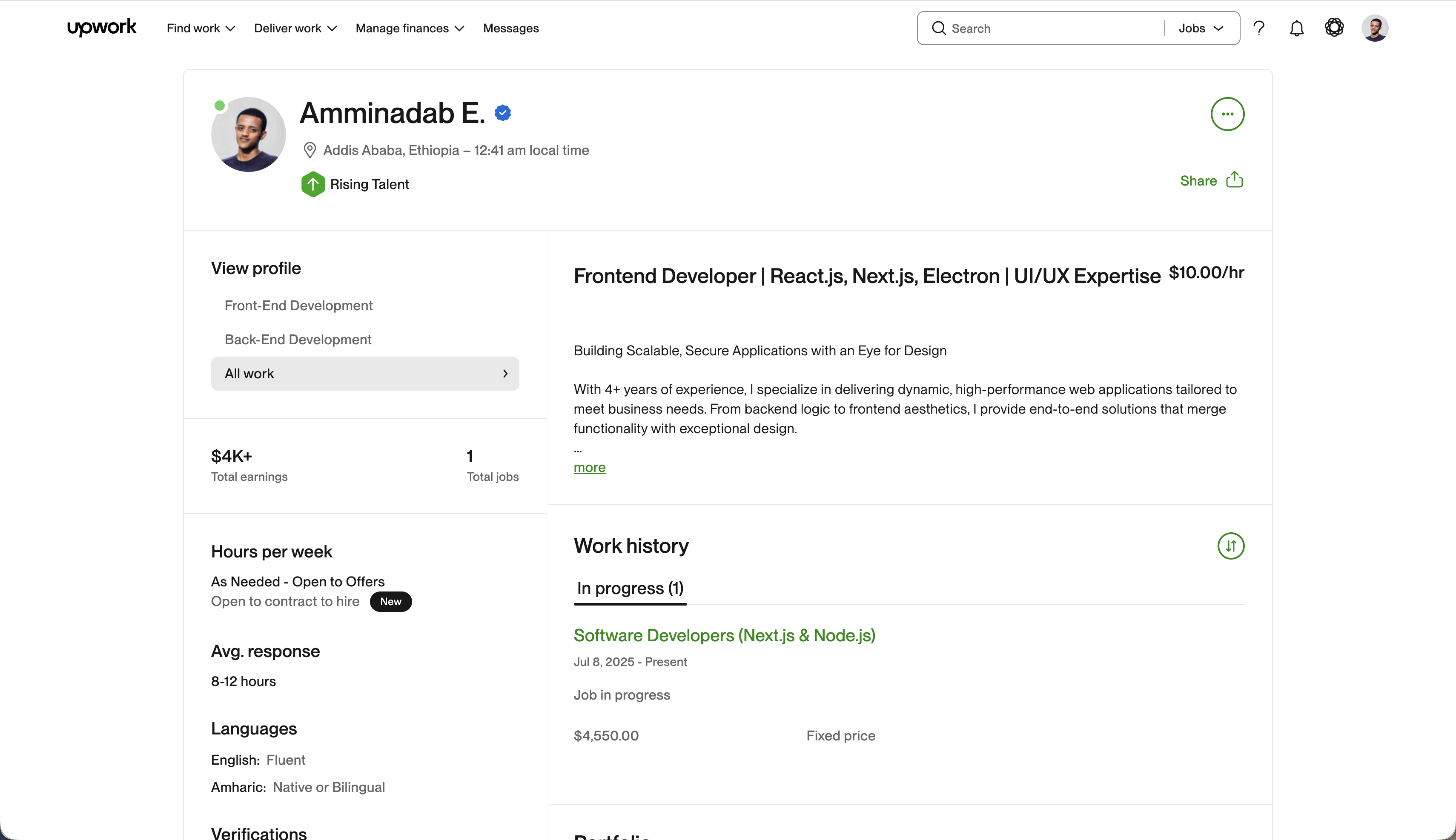 Upwork profile screenshot (light mode)